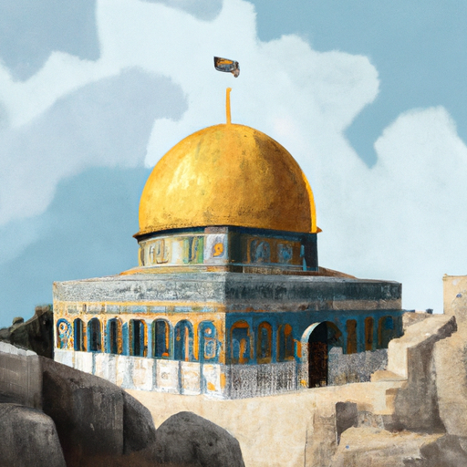 An illustration of the Dome of the Rock, with its golden dome and intricate carvings