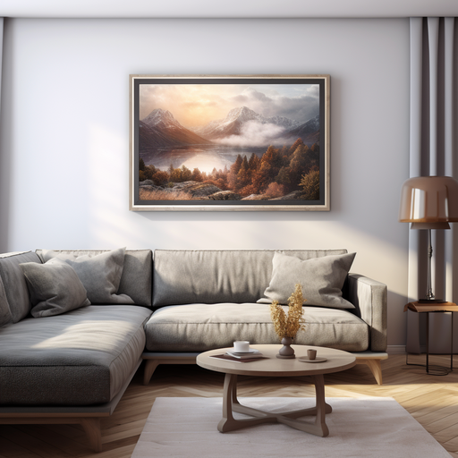 תמונה גדולה ויפהפייה הכוללת נוף שליו, ממוקמת באופן אסטרטגי מעל ספה נעימה בסלון.