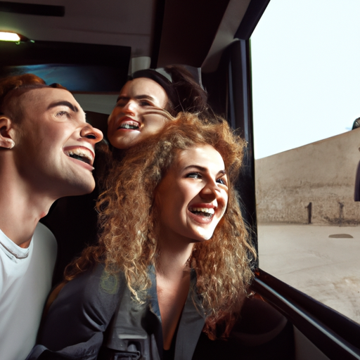 3. תמונה של נוסעים מאושרים בהסעה, נהנים ממראות ירושלים מבעד לחלון.