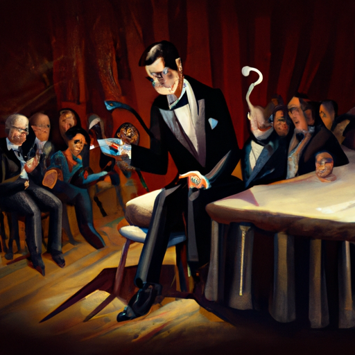 קוסם מבצע טריק קלפים באירוע חברה, כשהקהל מסתכל עליו בפליאה.