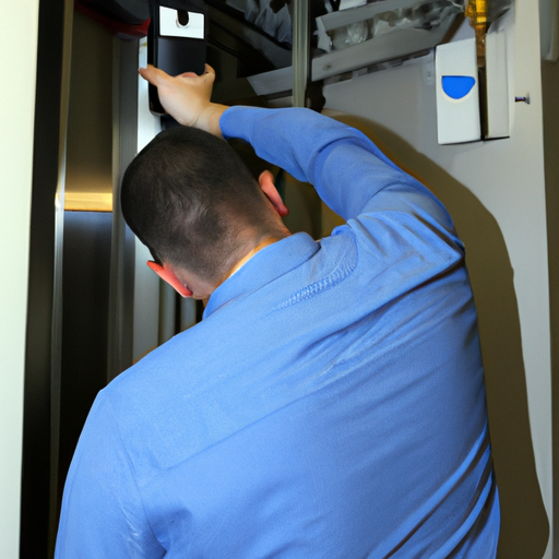 תמונה המראה טכנאי מקצועי מבצע בדיקות בטיחות במערכת מעליות.